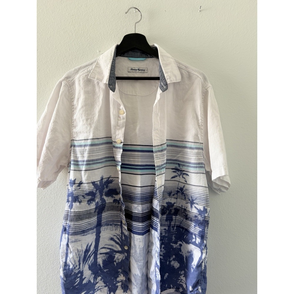 Tommy Bahama Camp Shirt Men Medium White Blue Palm Tree Stripe Short Sleeve